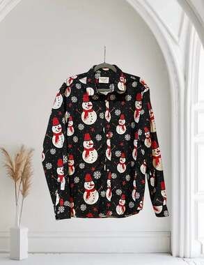 Large TUNEVUSE Mens Christmas Snowman Print Long Sleeve Button Down